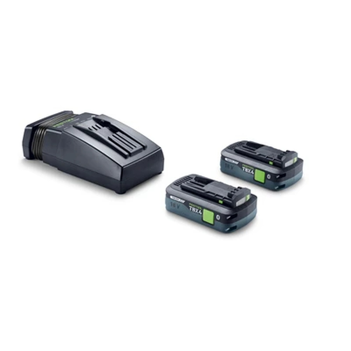 Festool DFC 500 E-Basic cordless joining machine battery setup with two 18V battery packs and charger for shop and jobsite wood joinery work