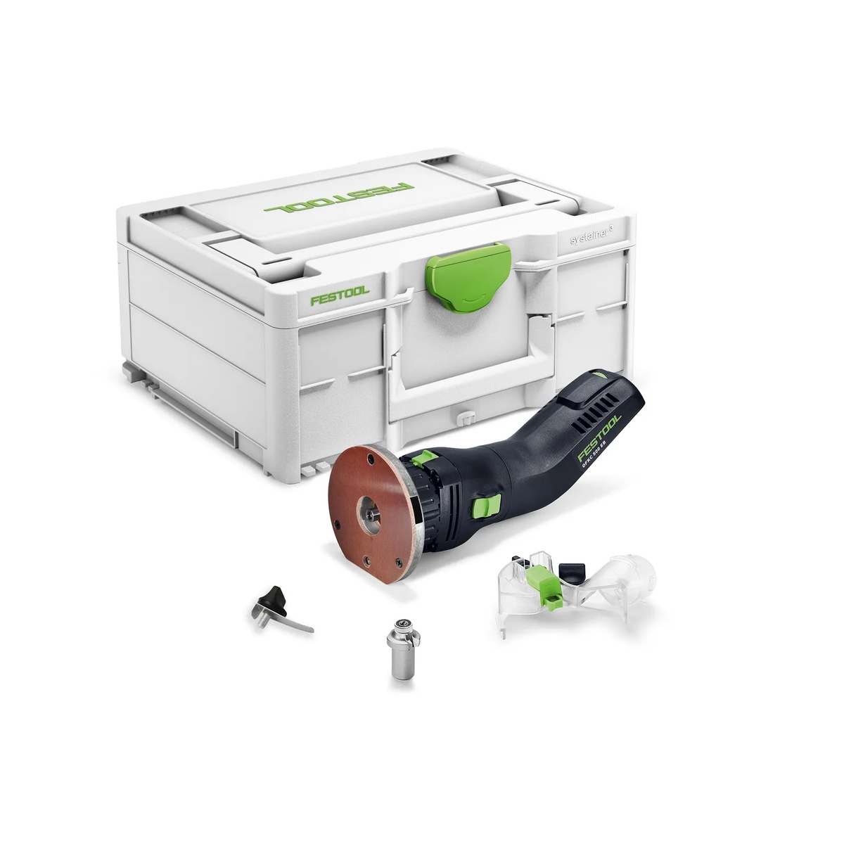 Festool OFKC 500 R3 EB-Basic cordless edge router shown with Systainer case and edge-routing accessories for roundover work in a workshop setup