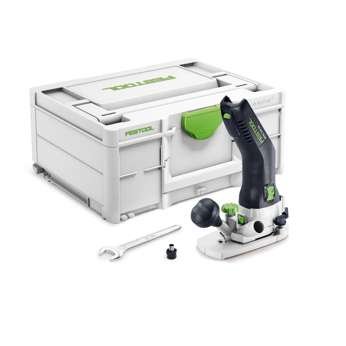 Festool MFKC 700 EB-Basic cordless module edge router shown with Systainer case and setup accessories for trim routing and edge finishing work in a shop or jobsite setup