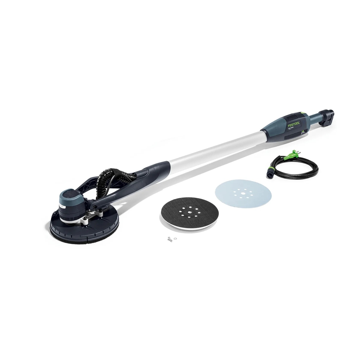 Festool LHS-E 225 EQ-CB long-reach sander shown with sanding pad parts and power cord on a clean background for drywall wall and ceiling sanding work