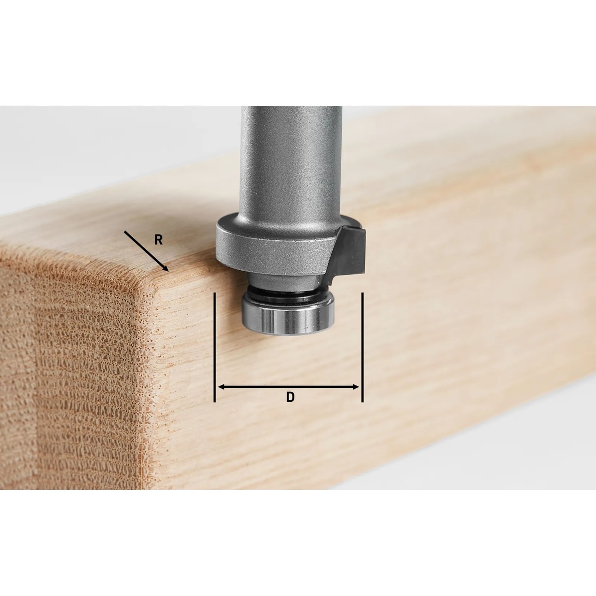 Festool HW R2-OFK 500 Z1 roundover cutter shaping a small radius on a solid wood board edge during finish routing work