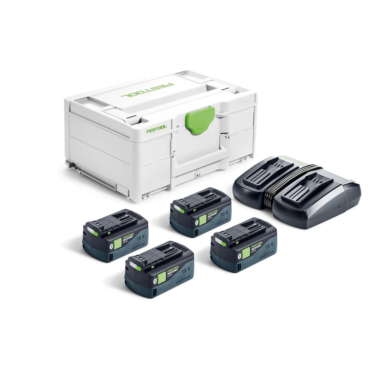Festool SYS 18V 4xHP5,0/TCL6DUO Energy Set with four 18V HighPower 5.0 Ah batteries, dual rapid charger, and Systainer case on a clean studio background