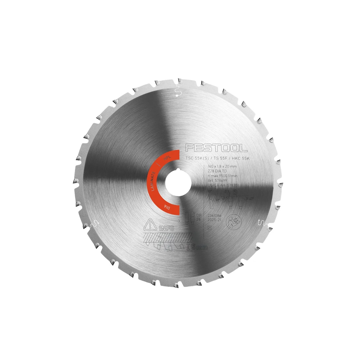 Festool Diamond circular saw blade DIA 160x1,8x20 TD28 LAMINATE/HPL product image showing the 160 mm blade and 28 diamond-tipped teeth for laminate, HPL, and fibre cement cutting