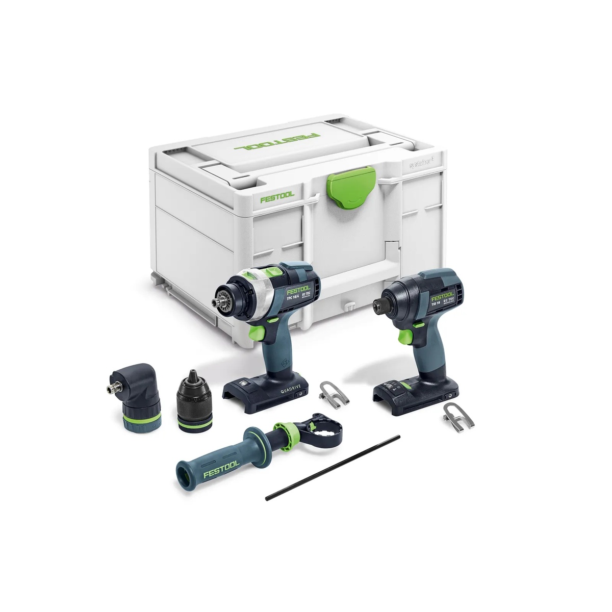 Festool TID 18 Basic-Set TPC 18/4 cordless tool set with drill driver, impact driver, attachments, handle, depth stop, and Systainer on a clean studio background for jobsite storage and transport