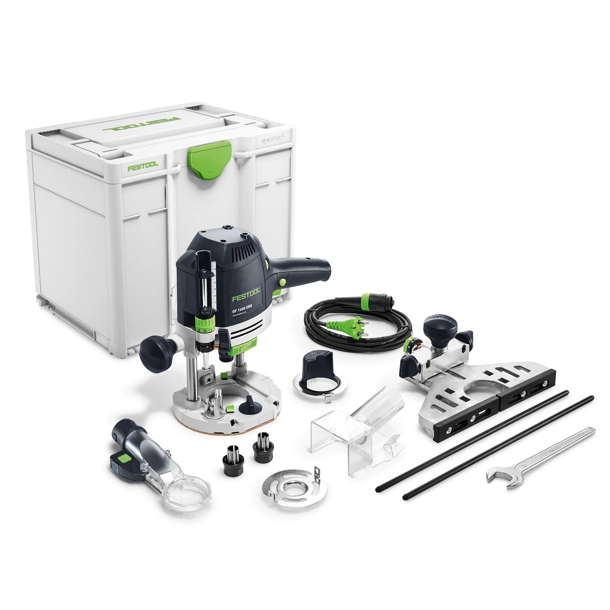 Festool OF 1400 EBQ-Plus Router kit with plunge router, guide fence, extraction parts, wrench, rods, and Systainer storage case laid out for woodworking setup
