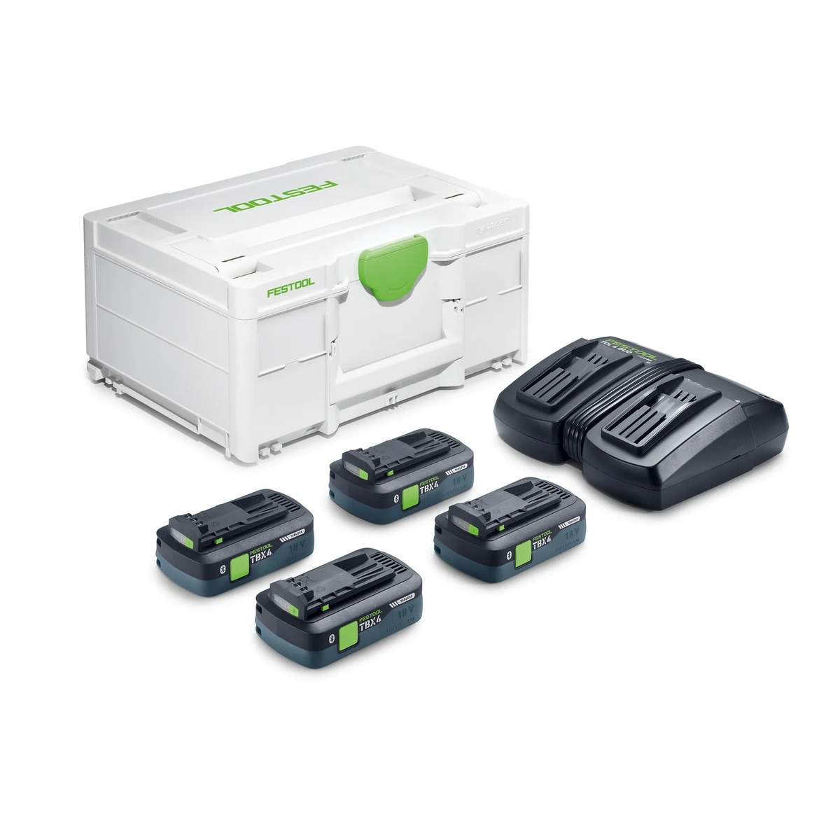 Festool SYS 18V 4xTBX4/TCL6DUO Energy Set with four 18-volt battery packs, dual charger, and Systainer case arranged for cordless tool charging and storage in a workshop setup
