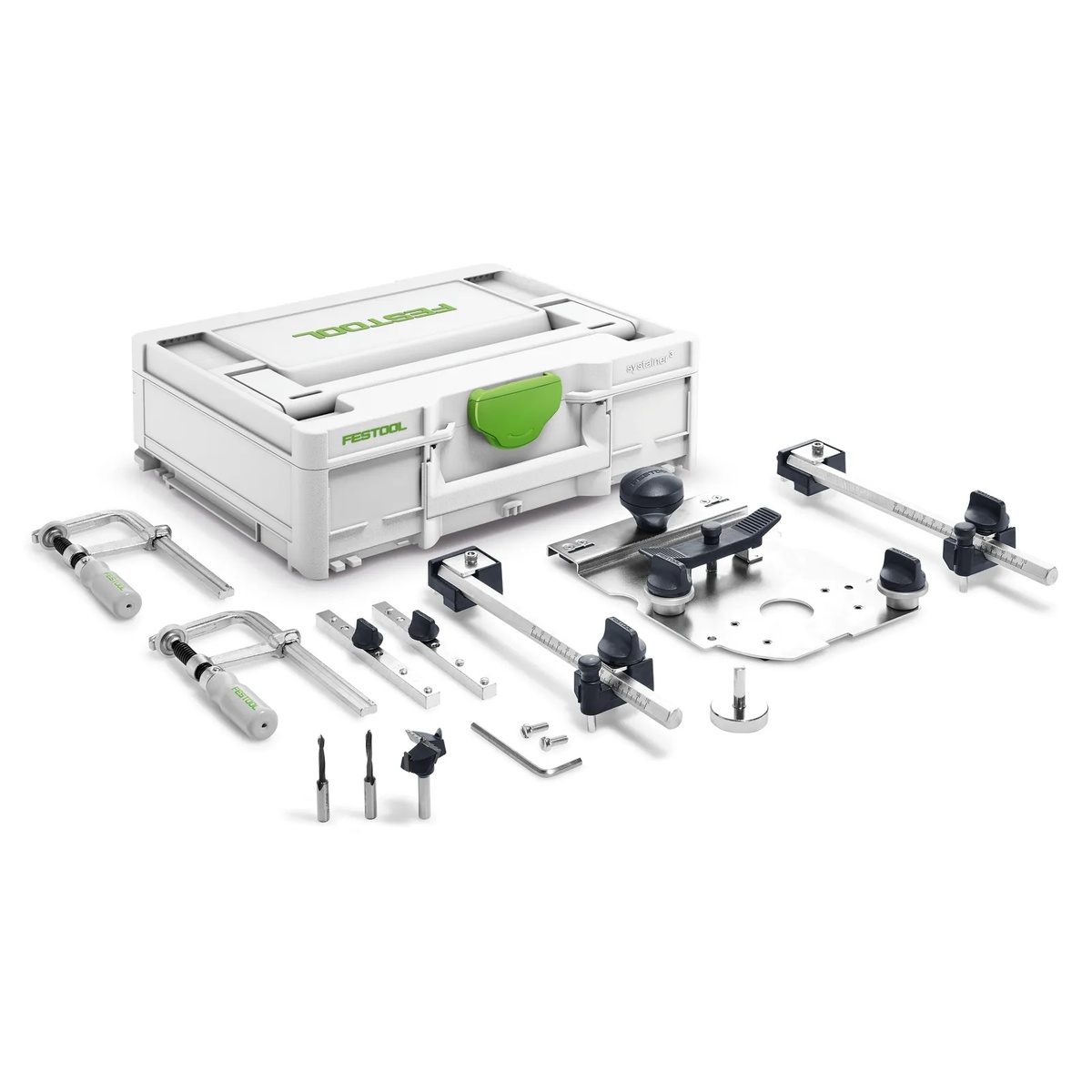 Festool 576799 LR 32 Hole Drilling Set for OF1010 & OF1400 Routers in Systainer3 with guide plate, clamps, stops, centering mandrel, and drilling bits laid out for cabinet hardware work