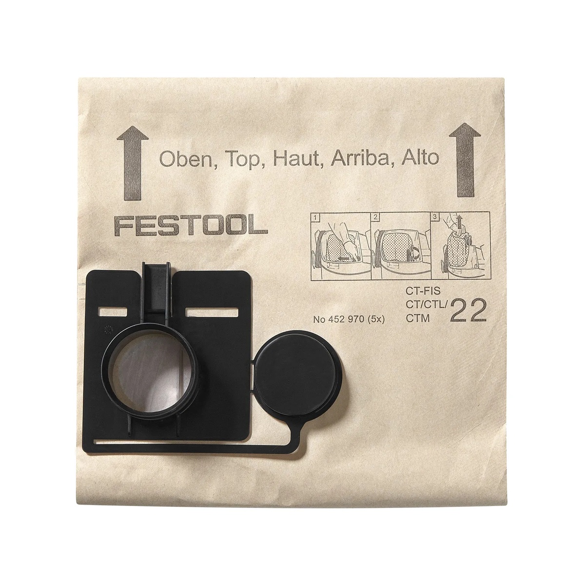 Festool 452970 Replacement Filter Bags For CT 22 Dust Extractor, 5-Pack replacement dust bag shown with integrated plastic cap for dry debris collection in a shop dust extraction setup