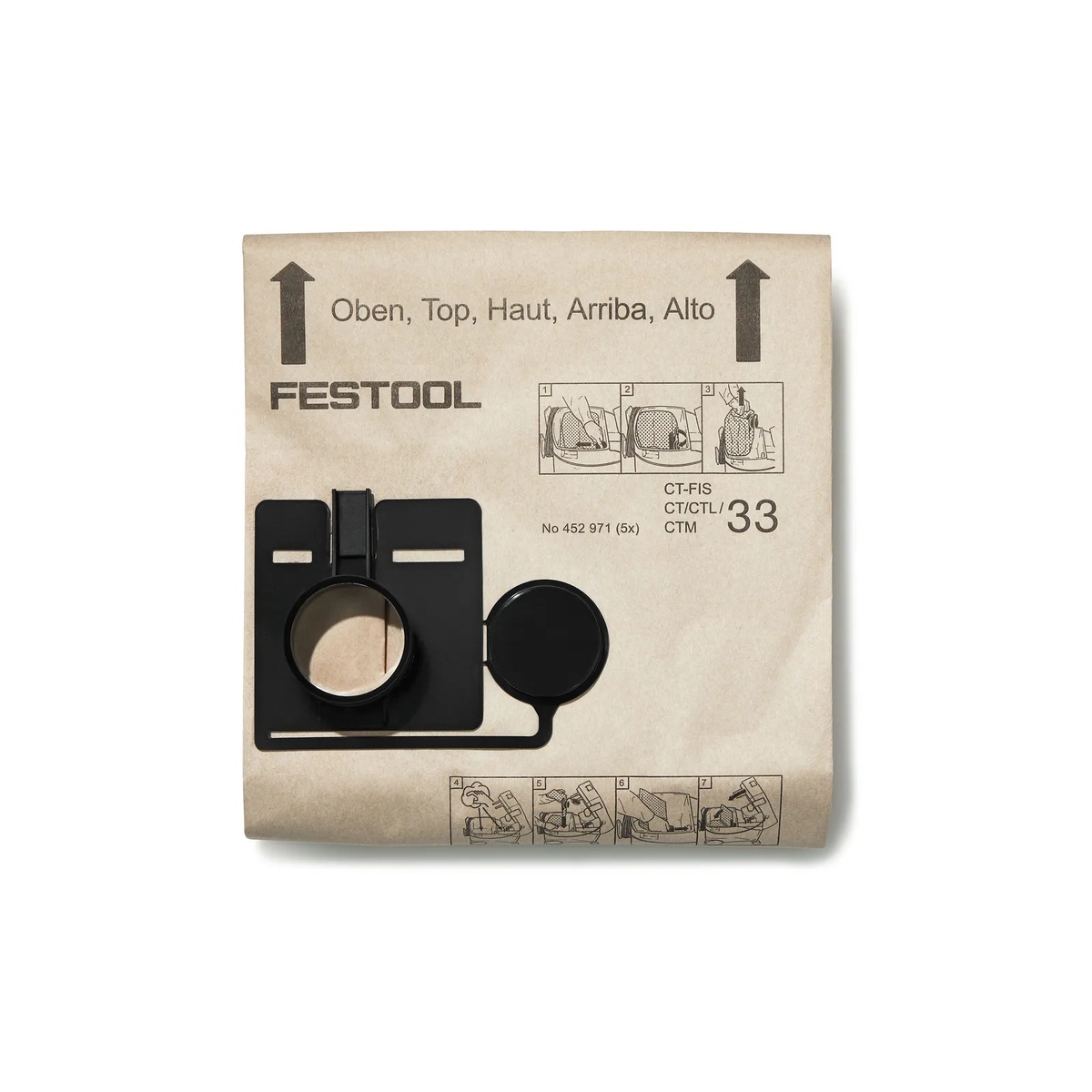 Festool 452971 Replacement Filter Bags for CT 33 Dust Extractor shown as a sealed paper dust bag for dry jobsite and shop dust collection