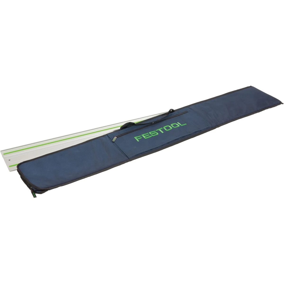 Festool 466357 Guide Rail Tote Bag for 55 inch rails holding a Festool guide rail on a clean background for storage and transport reference