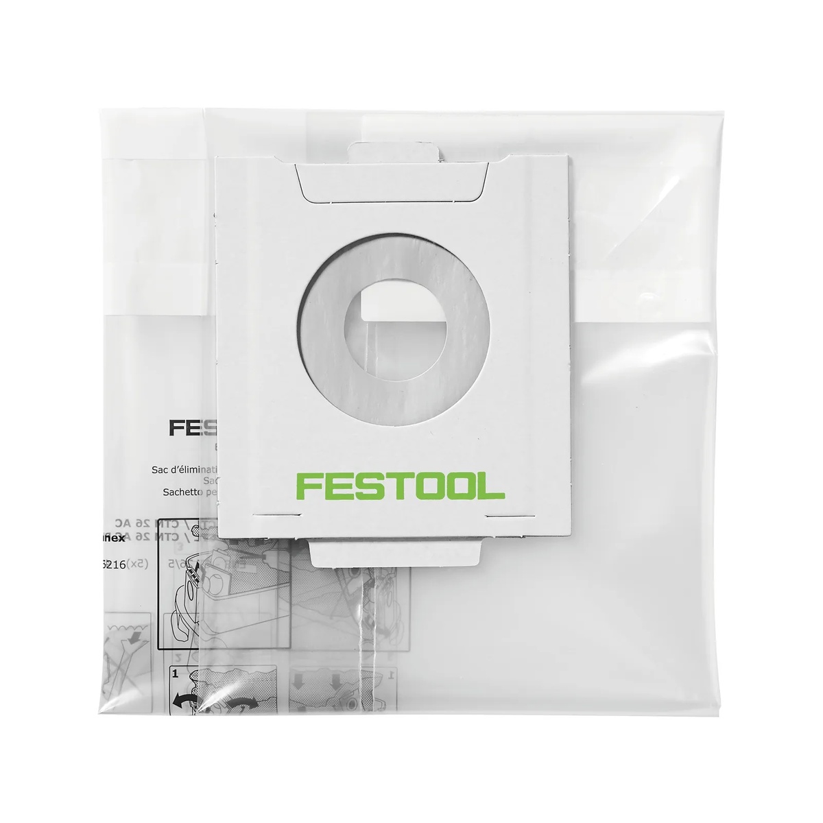 Festool 496215 Disposable Dust Liners 5 Pack product image showing the plastic liner and mounting collar for CT 36 AC AutoClean dust extraction use