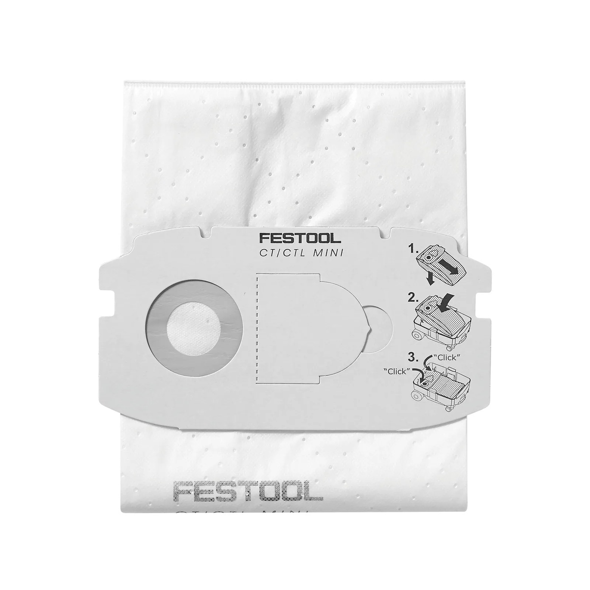 Festool 498410 Self-Cleaning Filter Bags for CT MINI Dust Extractor, 5-Pack shown as a replacement fleece dust bag for shop and jobsite dust collection