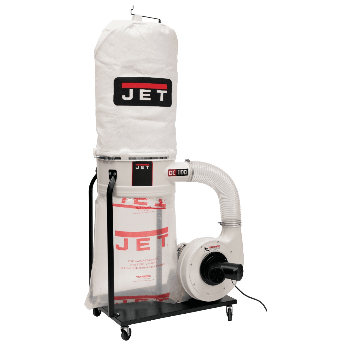 JET DC-1100VX-5M Dust Collector product view showing the blower housing, mobile base with casters, and bag collection system for shop dust control