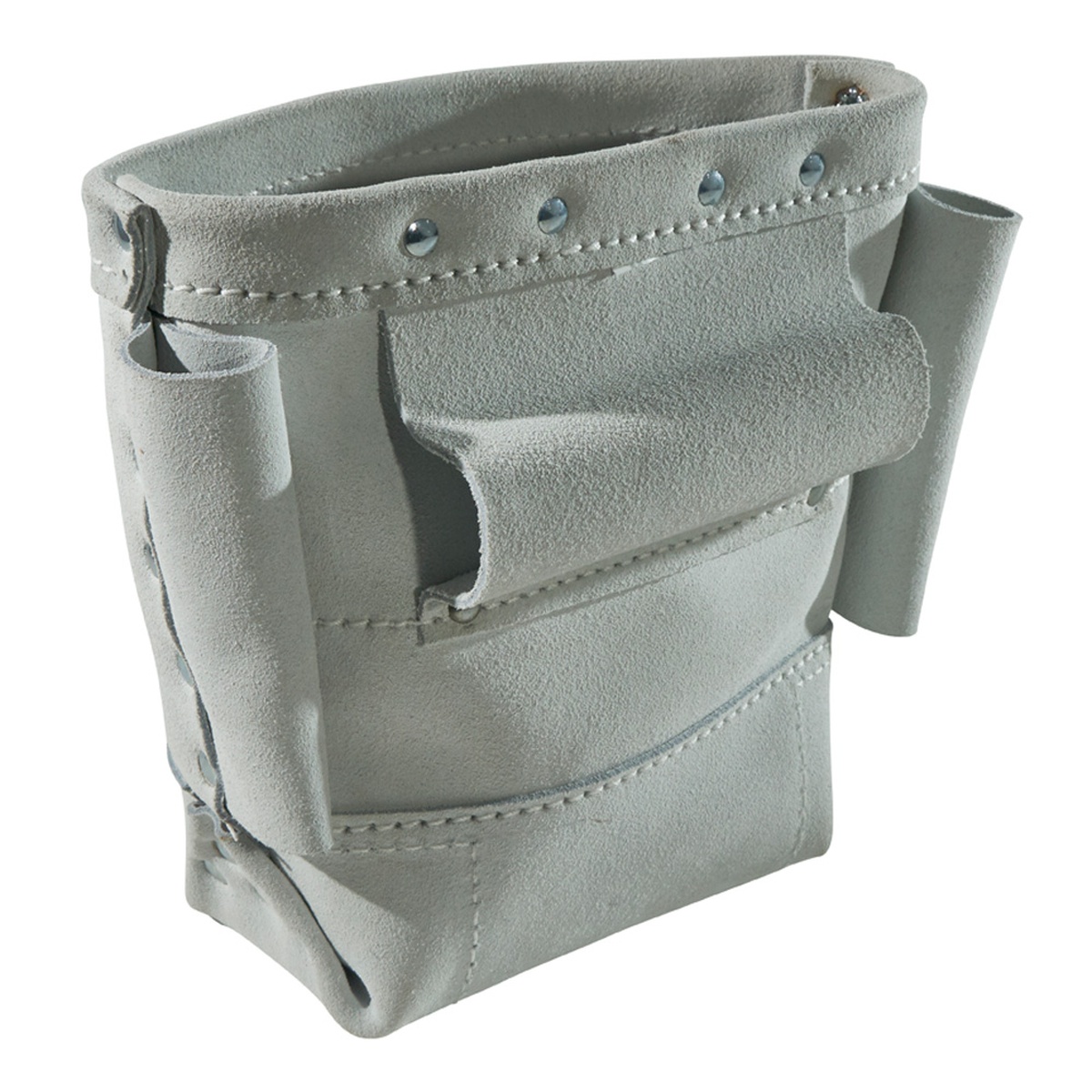 Rear view of the Klein Tools bull-pin and bolt bag showing tunnel belt loop and side loops for belt-mounted carry