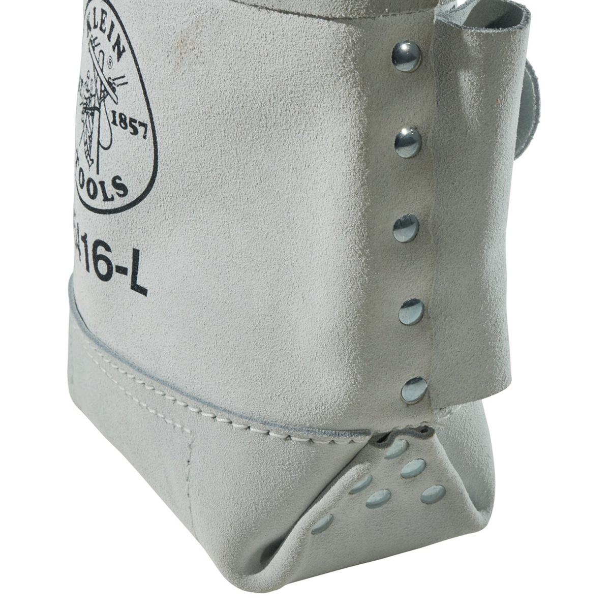 Close-up of the Klein Tools leather bolt bag double bottom and riveted side construction on a clean background