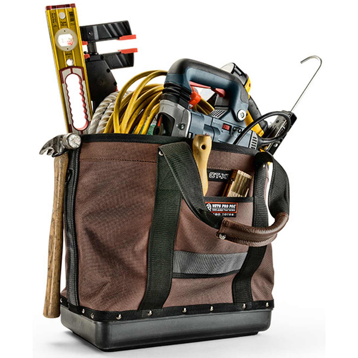 Veto Pro Pac CT-XL Extra Large Cargo Tote loaded with bulky jobsite tools including a drill, extension cord, level, and hammer for tool transport and truck organization