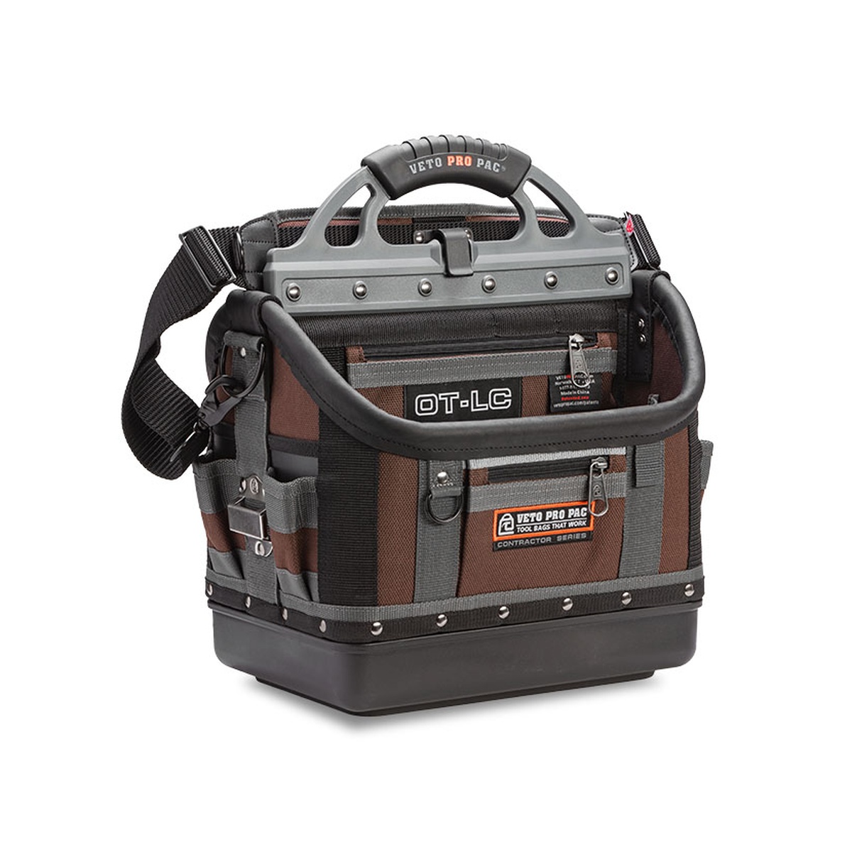 Veto Pro Pac OT-LC Large Open Top Tool Bag with shoulder strap attached, showing the reinforced handle, molded base, and jobsite-ready carry design for technicians and contractors