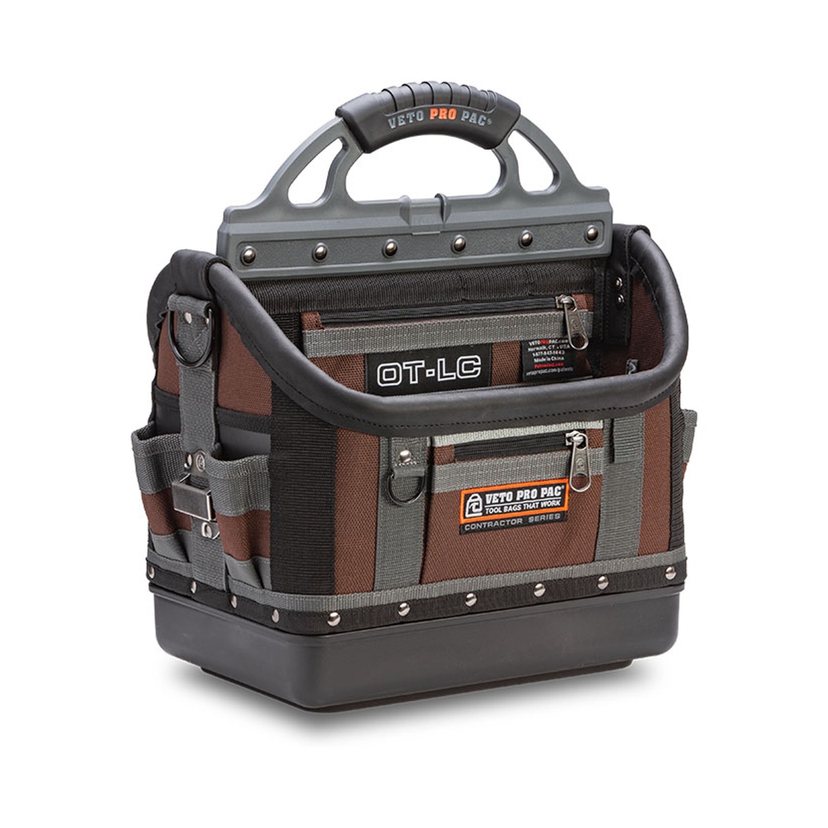 Veto Pro Pac OT-LC Large Open Top Tool Bag shown from the front on a clean background, highlighting the open top design for quick hand tool access in a service work setup
