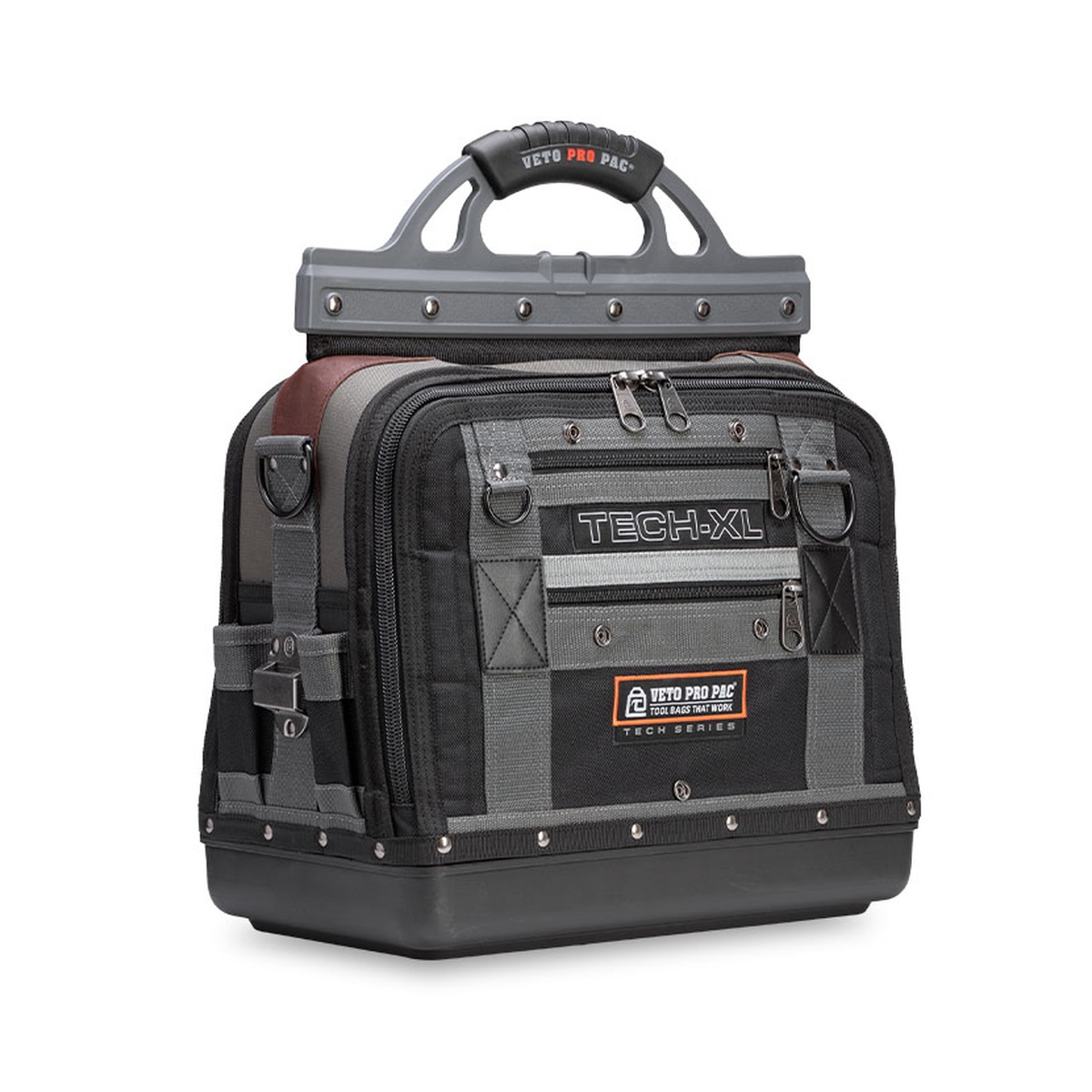 Veto Pro Pac Tech-XL Extra Large Tech Tool Bag closed and standing on its waterproof base for contractor and service technician transport