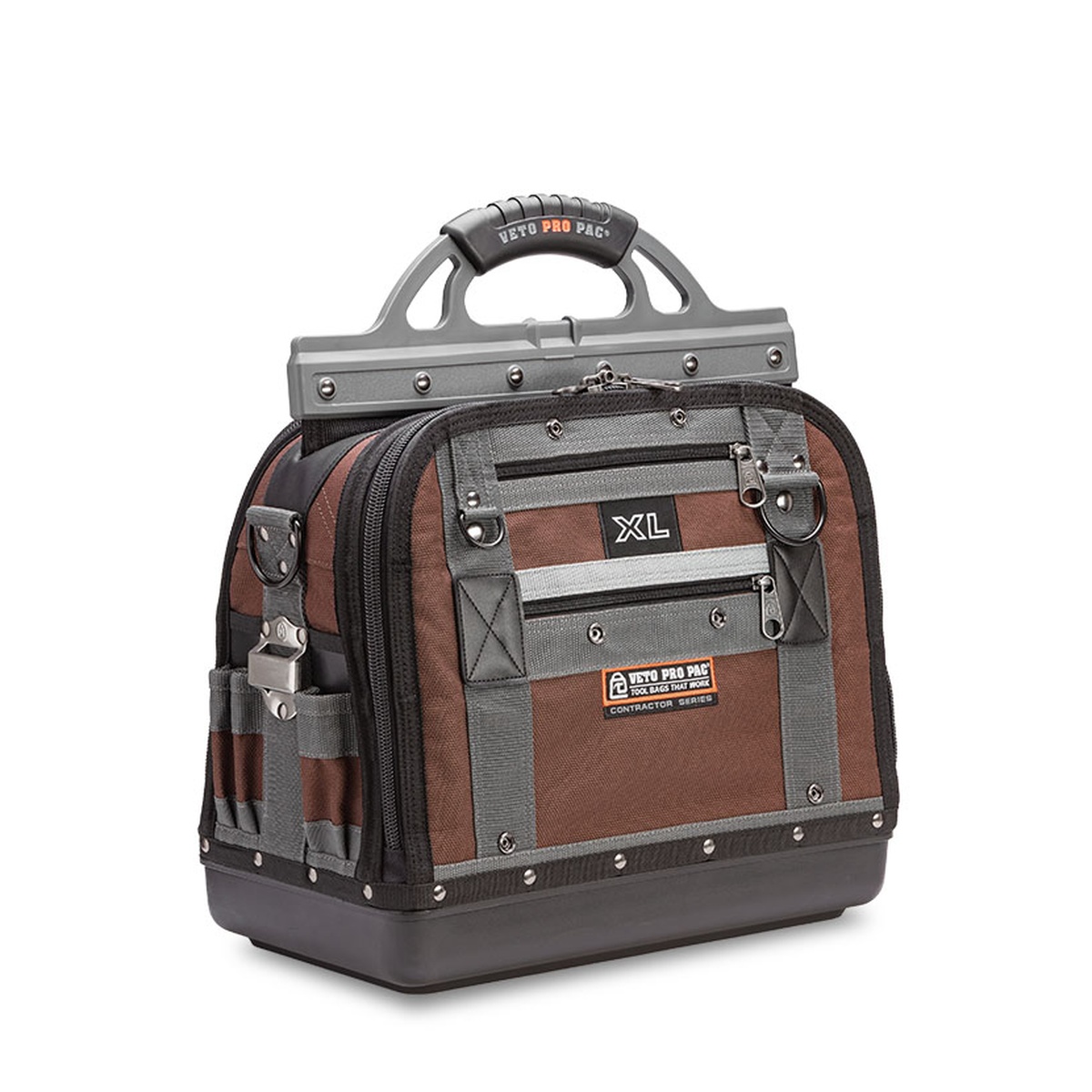 Veto Pro Pac XL Extra Large Tool Bag closed and standing upright with rigid waterproof base for contractor jobsite use