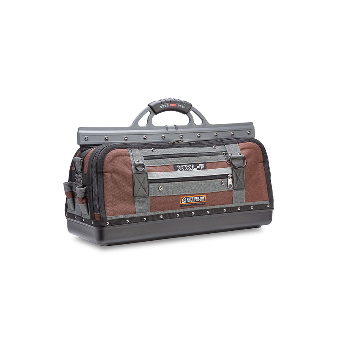 Veto Pro Pac XXL-F Tool Bag shown from the front on a clean background, highlighting the long horizontal tool bag shape, molded waterproof base, zippered pockets, and rigid handle for jobsite hand tool storage