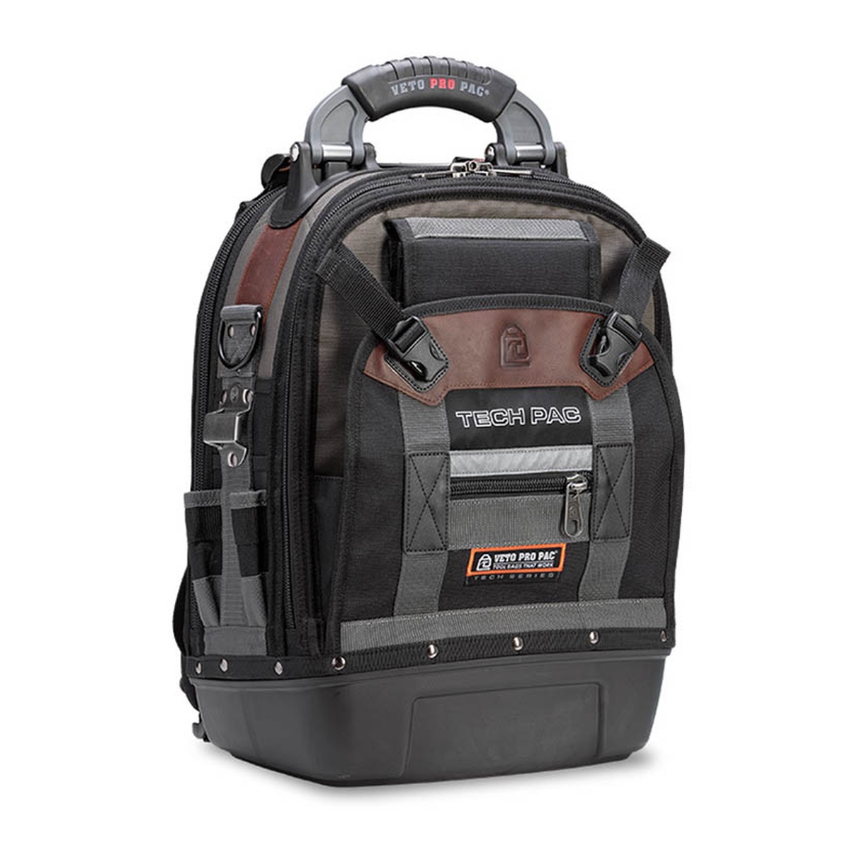 Veto Pro Pac TECH PAC Backpack Tool Bag shown closed on a clean background, highlighting the upright backpack tool bag design, molded base, front pocket layout, and jobsite-ready carry handle