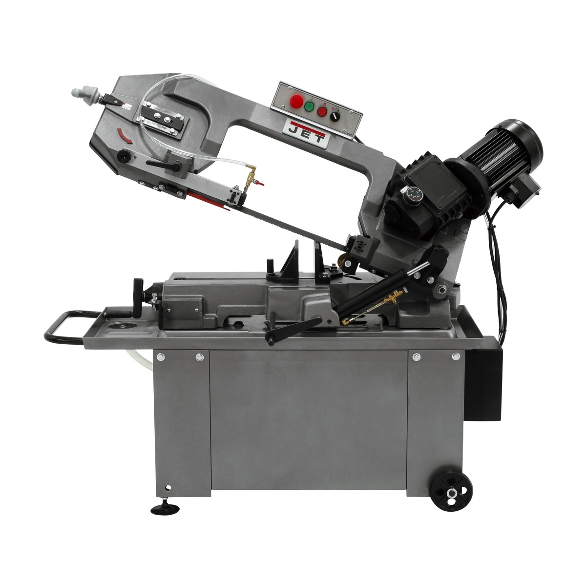 Jet 414466 HBS-814GH, 8 x 14 Horizontal Geared Head Bandsaw with saw head raised to show the hydraulic downfeed area and cutting position for shop metal stock