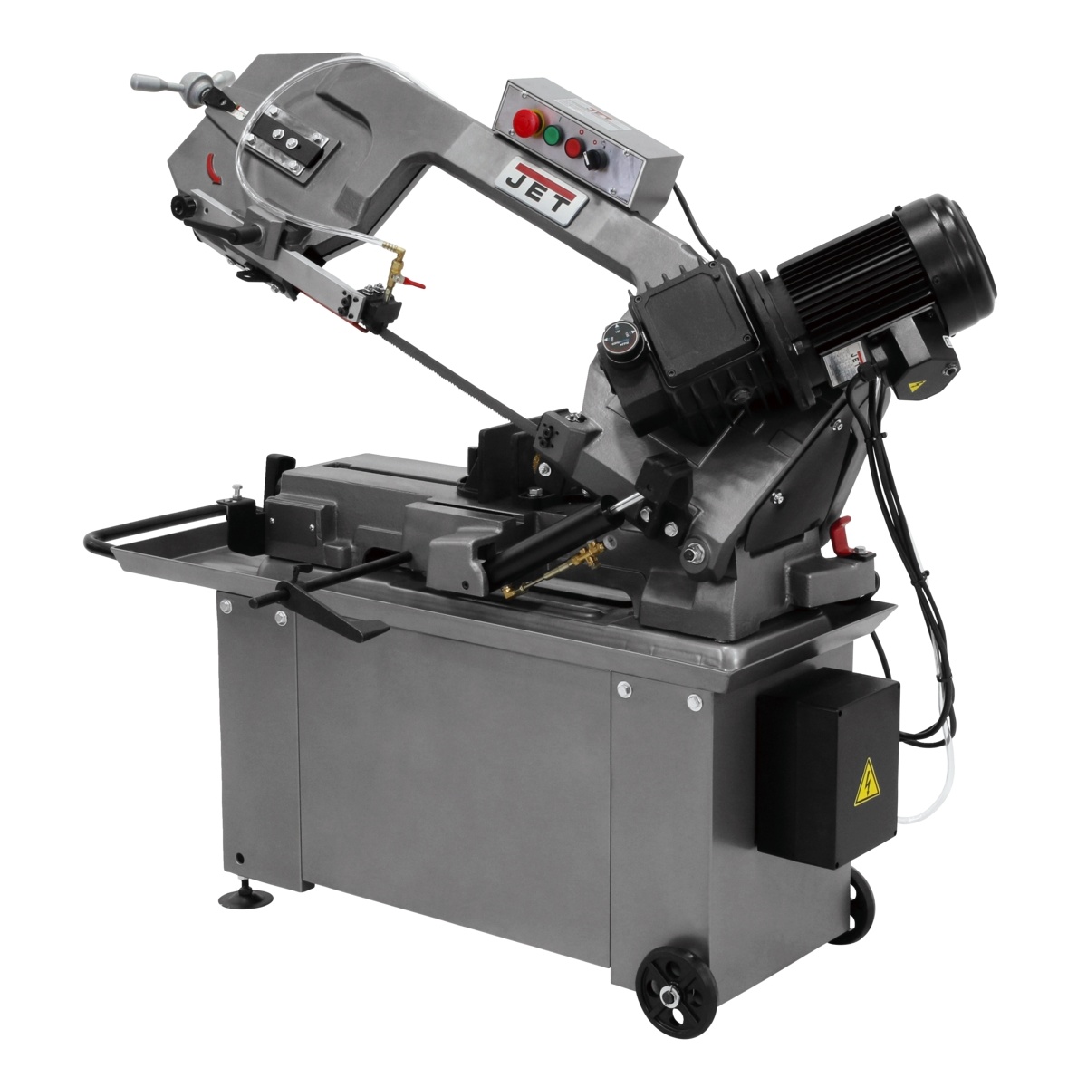 Jet 414466 HBS-814GH, 8 x 14 Horizontal Geared Head Bandsaw shown in a clean shop-style product view with stand, vise, and motor assembly for metal cutting work