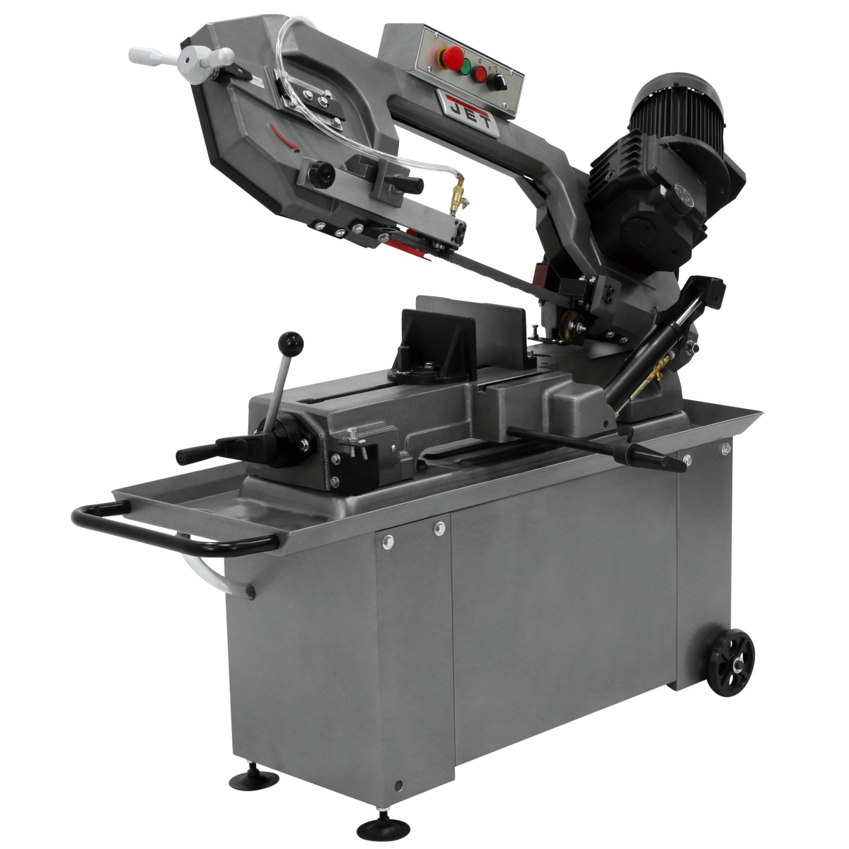 Jet 414466 HBS-814GH, 8 x 14 Horizontal Geared Head Bandsaw highlighting the quick-positioning vise and workholding area used for straight and 45 degree metal cutting setups