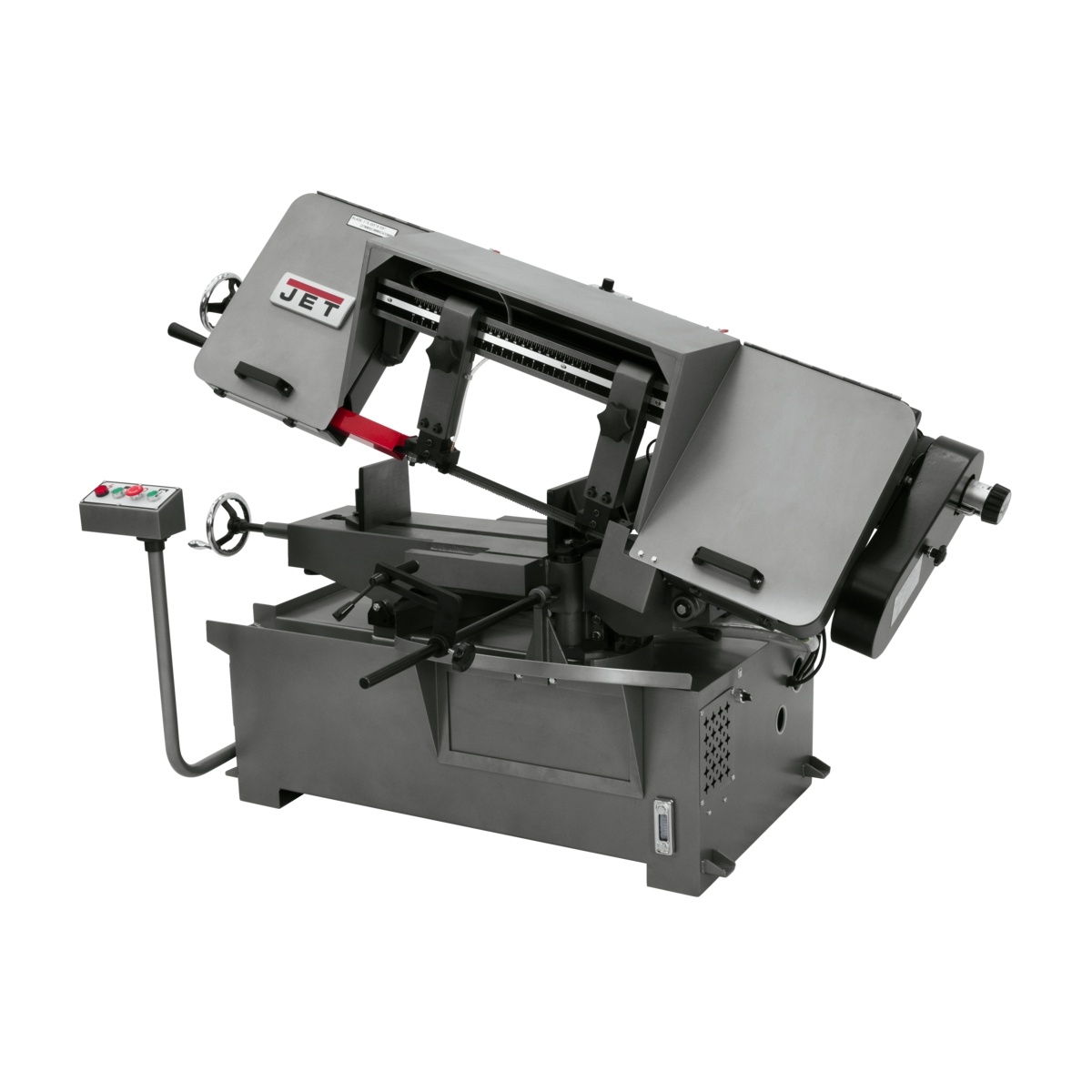 JET J-7040M-4 10 in. x 16 in. Horizontal Mitering Bandsaw shown in a three-quarter view with the saw head angled for metal cutting in a fabrication shop setting