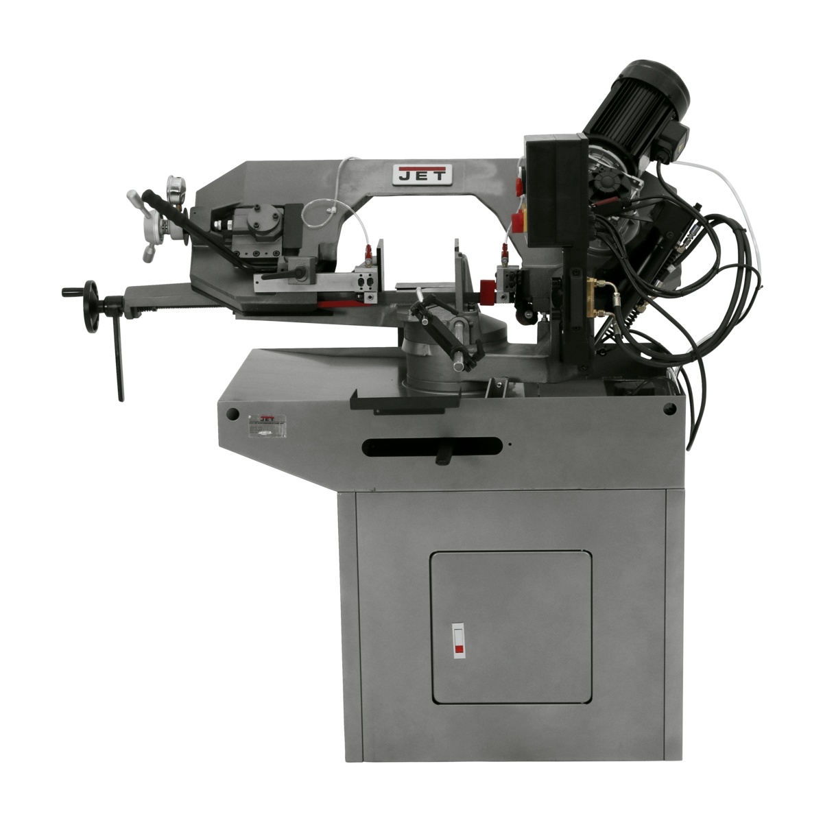 Side view of the JET J-7040M-4 10 in. x 16 in. Horizontal Mitering Bandsaw highlighting the motor, transmission area, and cabinet base in a metalworking environment