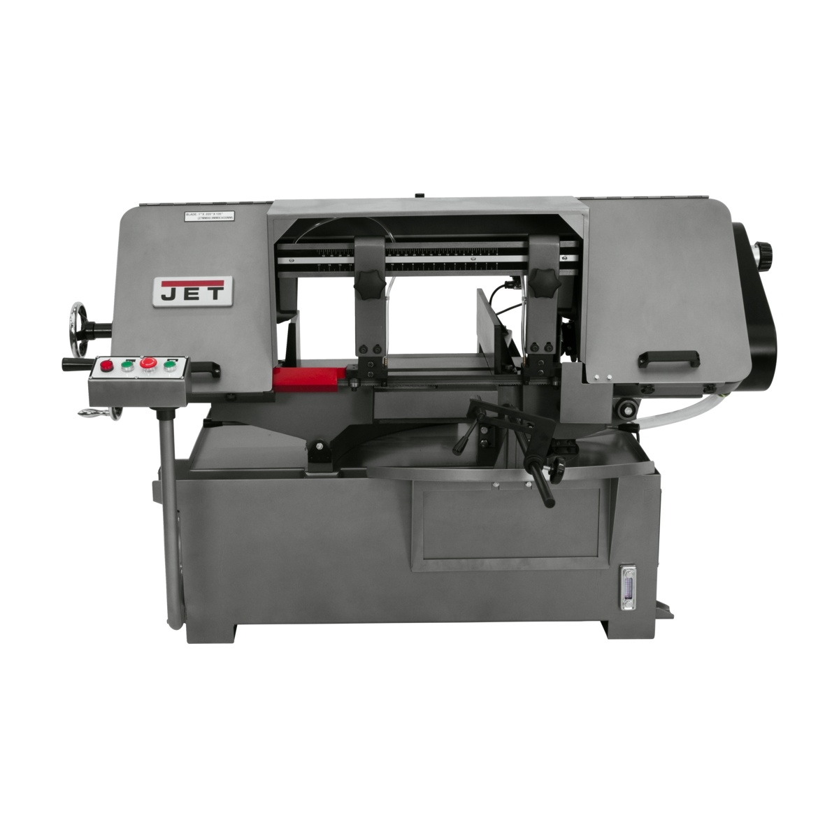 Front view of the JET J-7040M-4 10 in. x 16 in. Horizontal Mitering Bandsaw showing the blade guide area and work zone for accurate metal cutting