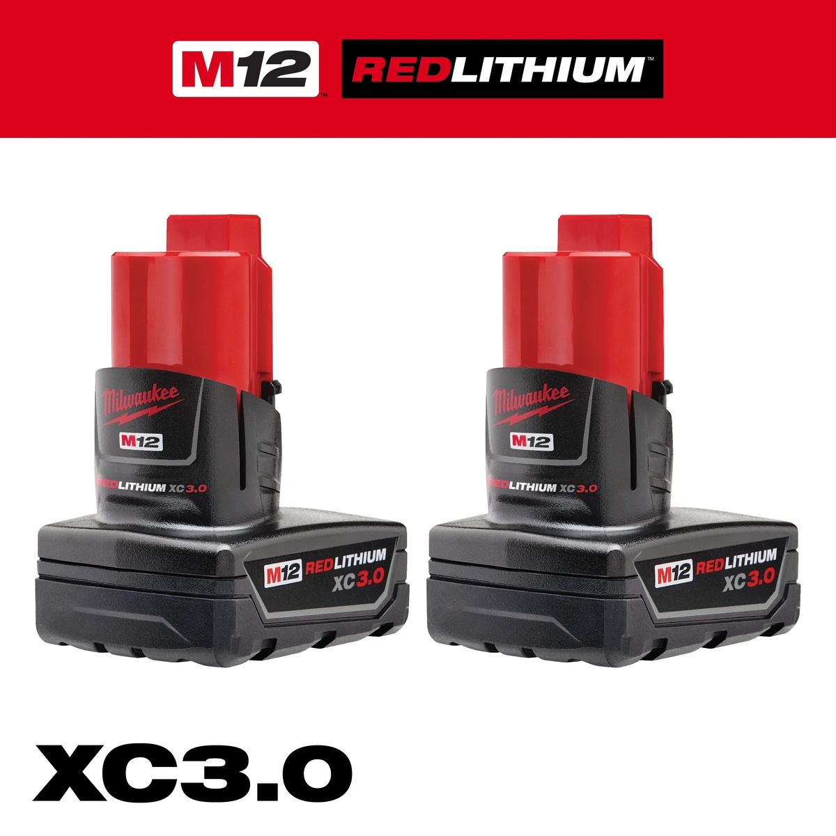 Milwaukee 48-11-2412 M12 REDLITHIUM XC 3.0Ah Battery 2-Pack shown as two 12V battery packs for cordless tool power on a shop bench or jobsite charging rotation