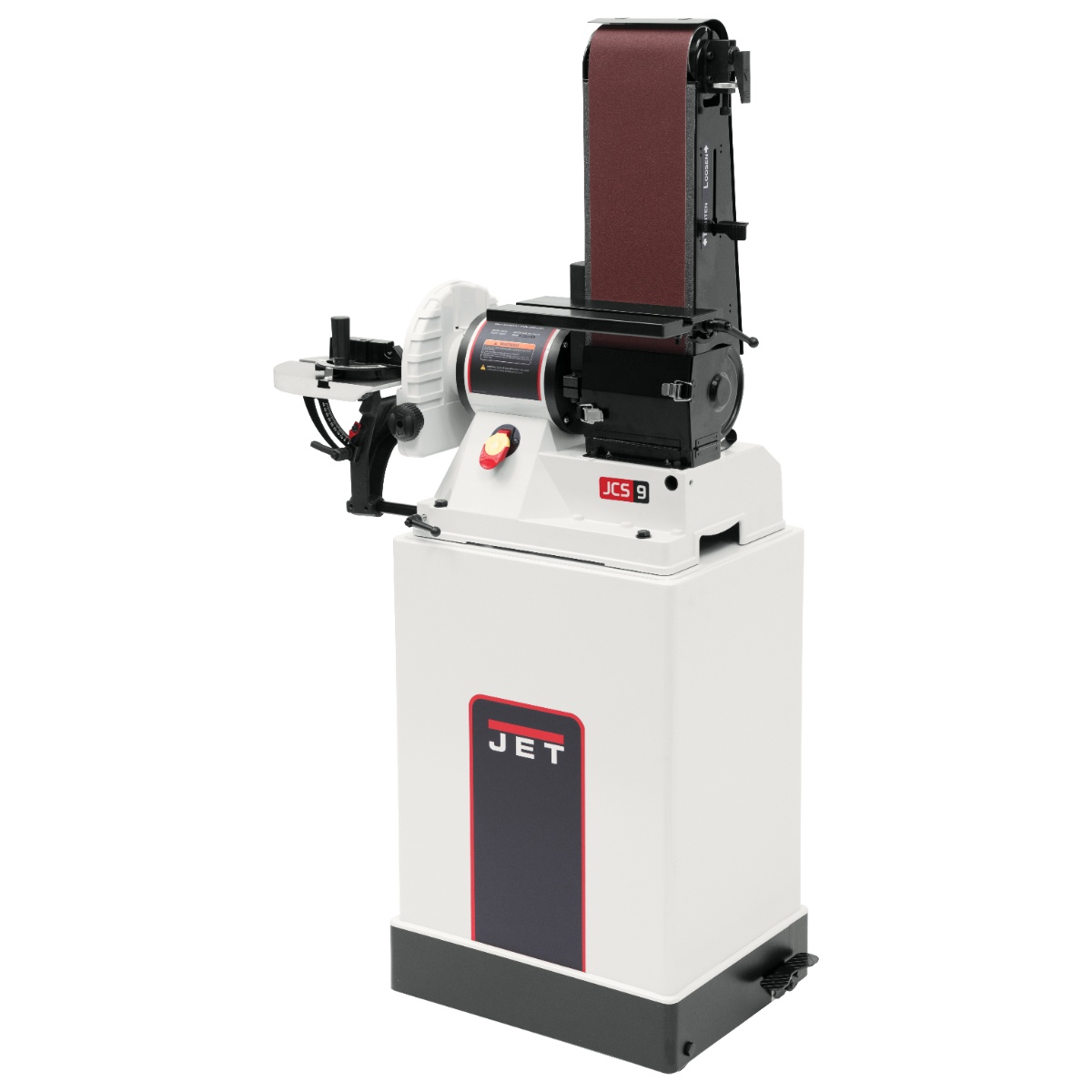 Jet 708597K JSG-96CS belt and disc sander with closed stand and locking wheels shown as a full stationary shop machine