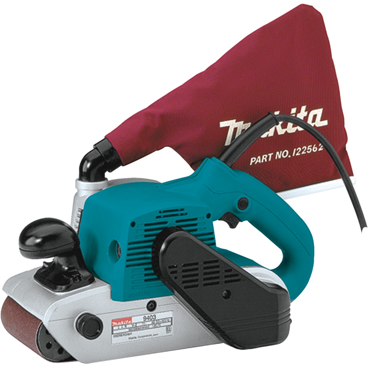 Makita 9403 4 x 24 Belt Sander product view showing the dust bag, front grip, and corded body for heavy stock removal in woodworking and flooring applications