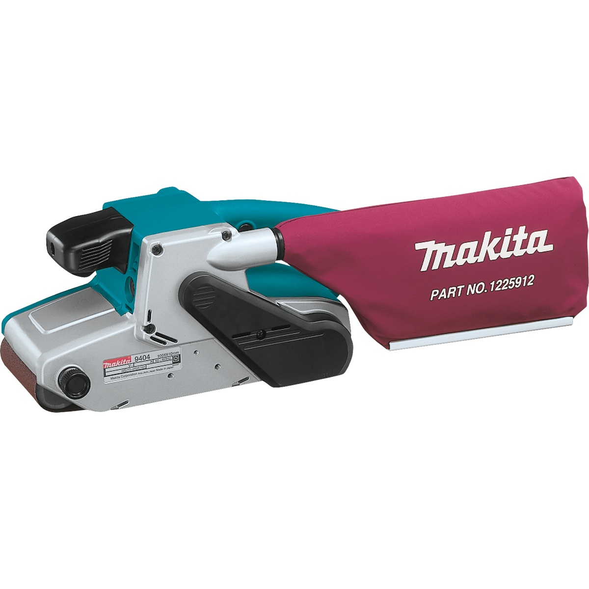 Makita 9404 4 x 24-Inch Belt Sander shown with attached dust bag for woodworking and stock removal on shop and jobsite sanding tasks