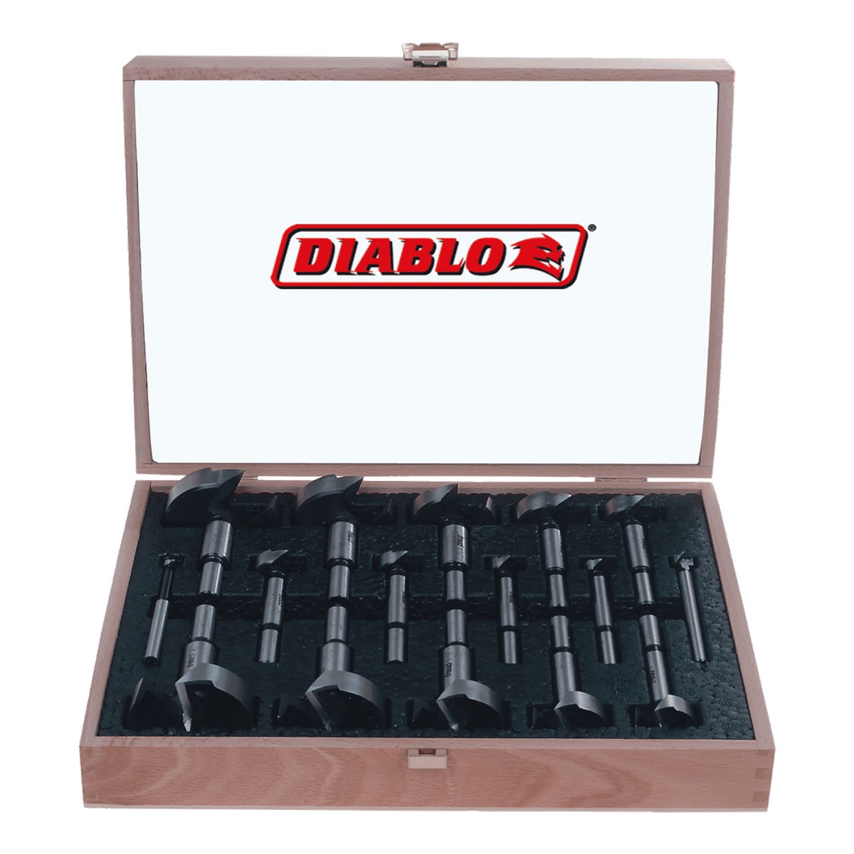 Diablo FB-100 Forstner Bit Set for Wood in storage case with 16 Forstner bits organized for woodworking and flat-bottom hole drilling in shop or jobsite use