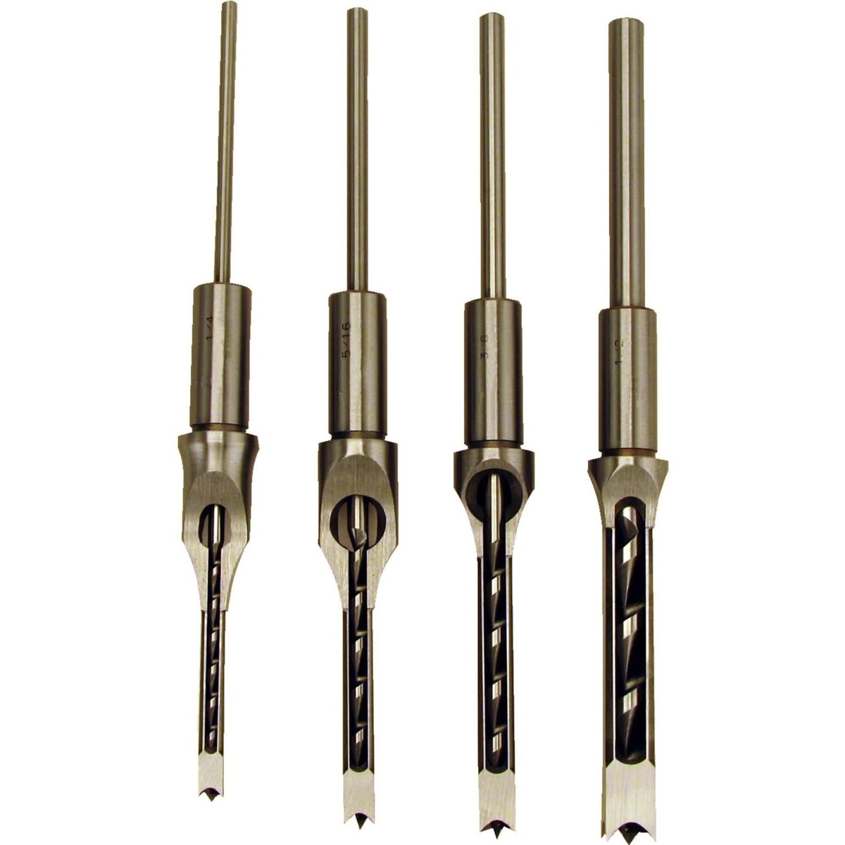 Powermatic 1791096 Premium Mortise Chisel & Bits, Set of 4 showing the four hollow chisel and bit sizes used for woodworking mortise joinery