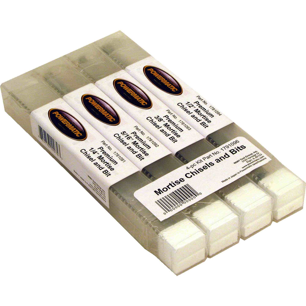 Powermatic 1791096 Premium Mortise Chisel & Bits, Set of 4 in storage case with labeled sizes for shop organization