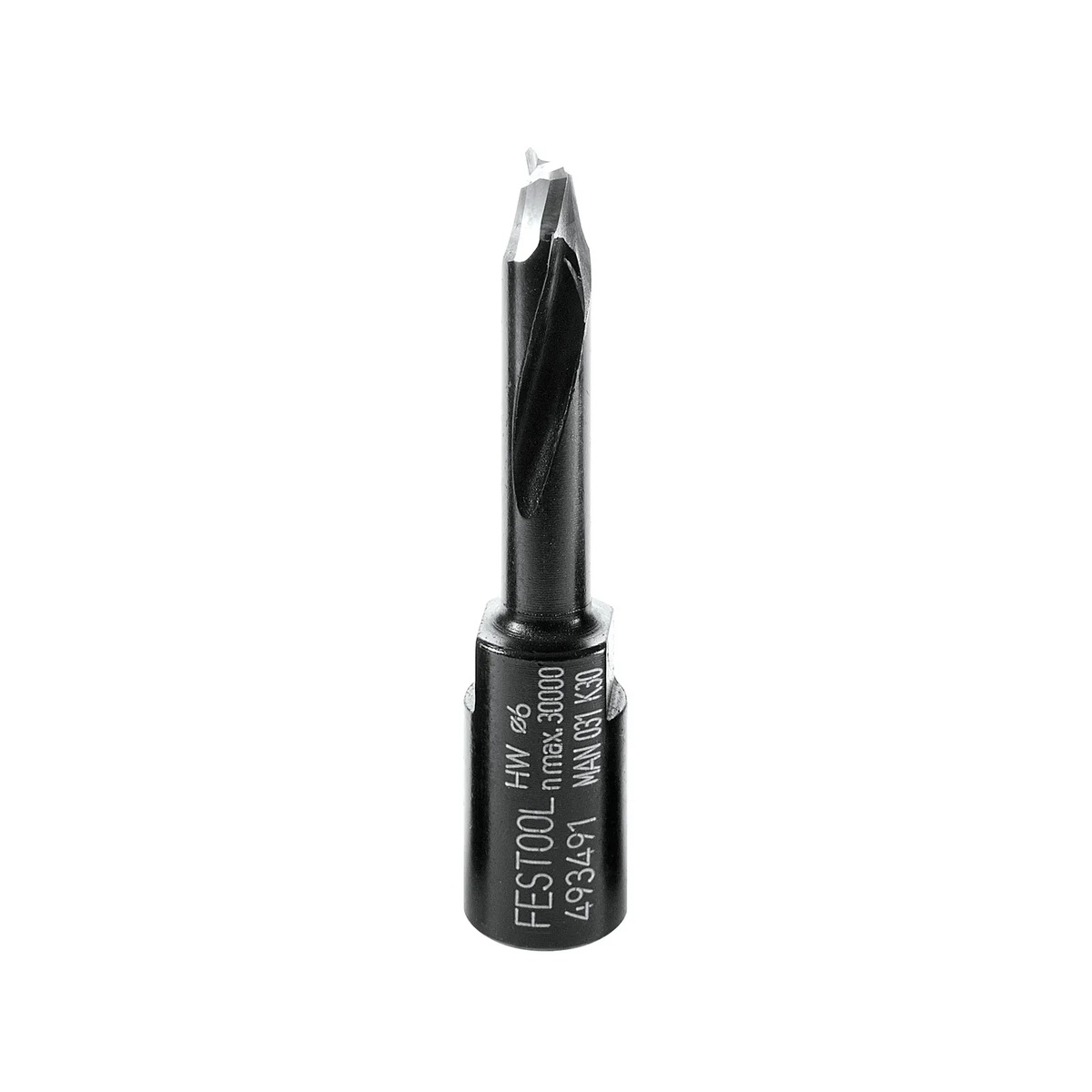 Festool 493491 DF 500 Domino Cutter, 6mm close-up showing carbide-tipped cutting head and spiral flute on a clean product background