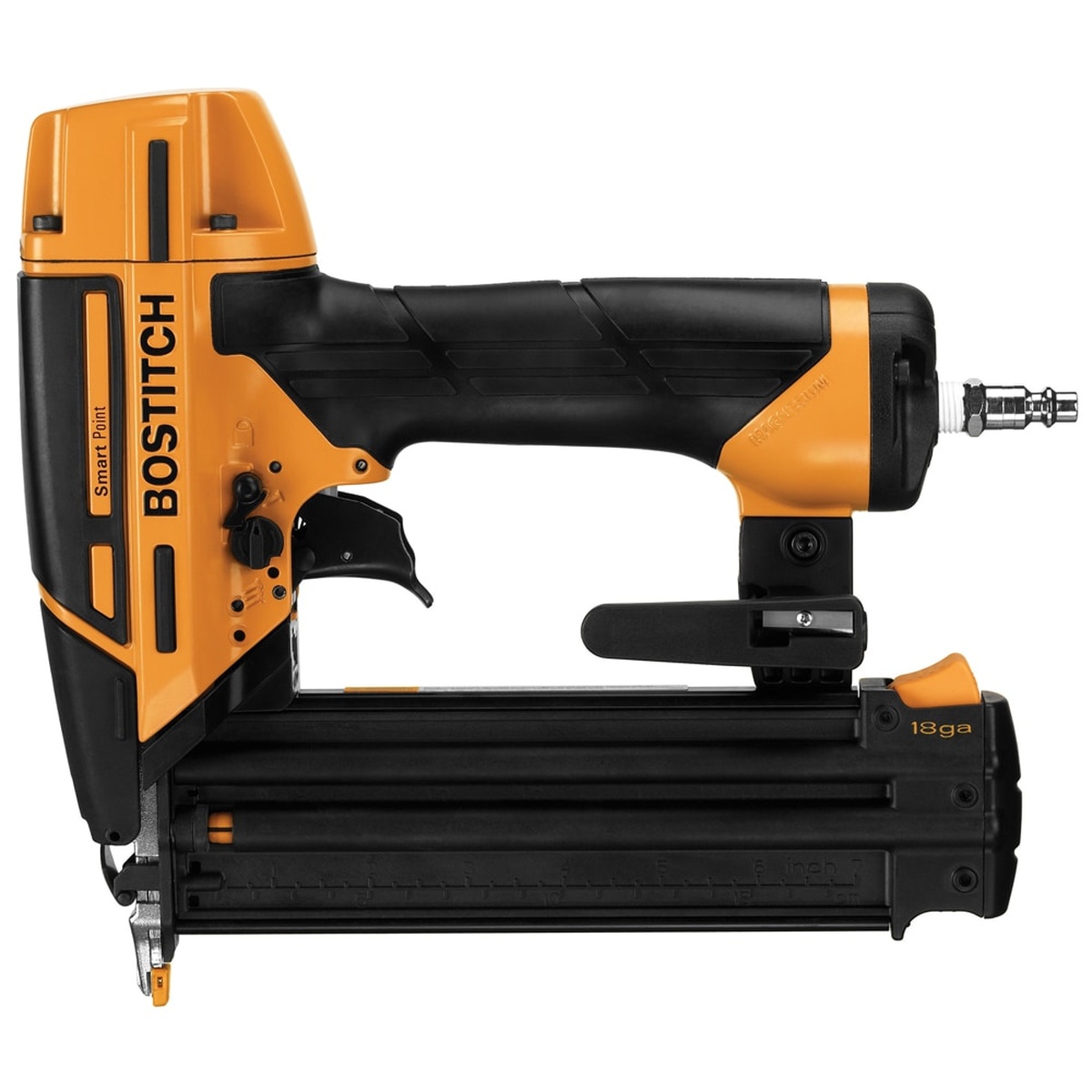 Bostitch BTFP12233 Smart Point 18 Gauge Brad Nailer Kit side profile showing the straight magazine, compact body, and pneumatic air fitting