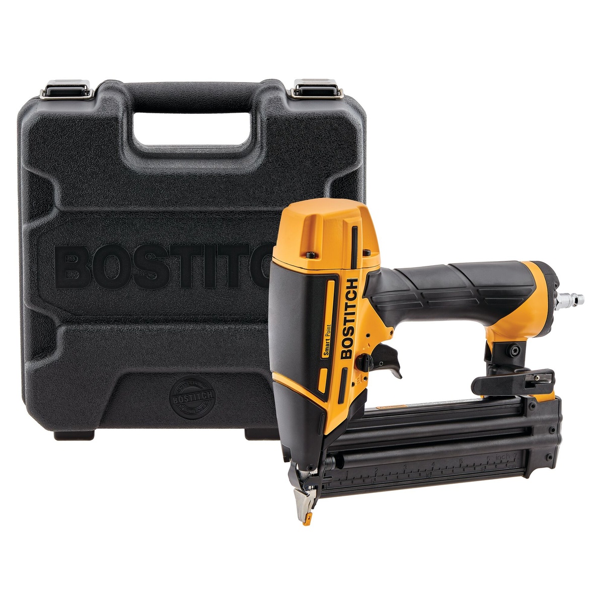 Bostitch BTFP12233 Smart Point 18 Gauge Brad Nailer Kit shown with hard carrying case for transport and jobsite storage