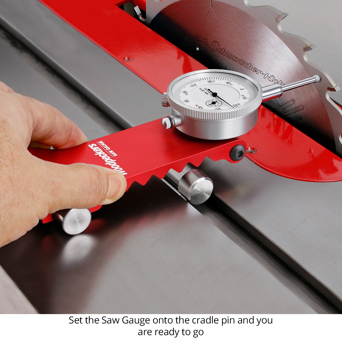 Woodpeckers SG-WP Saw Gauge dial indicator contacting a table saw blade during alignment
