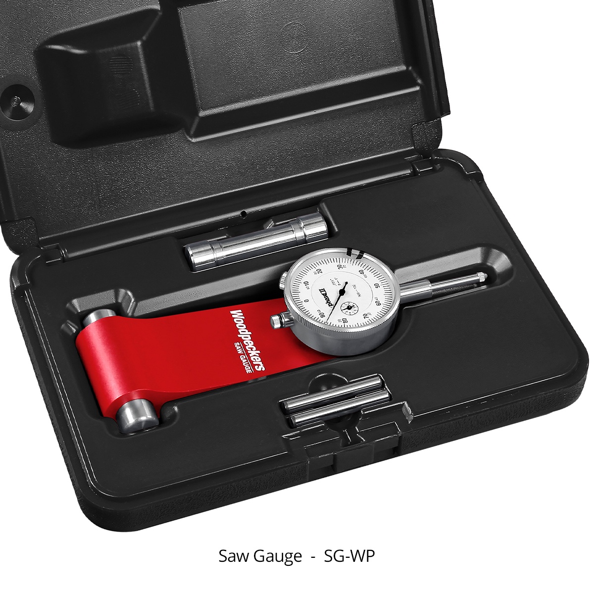 Woodpeckers SG-WP Saw Gauge stored in its molded carrying case with foam insert for shop transport