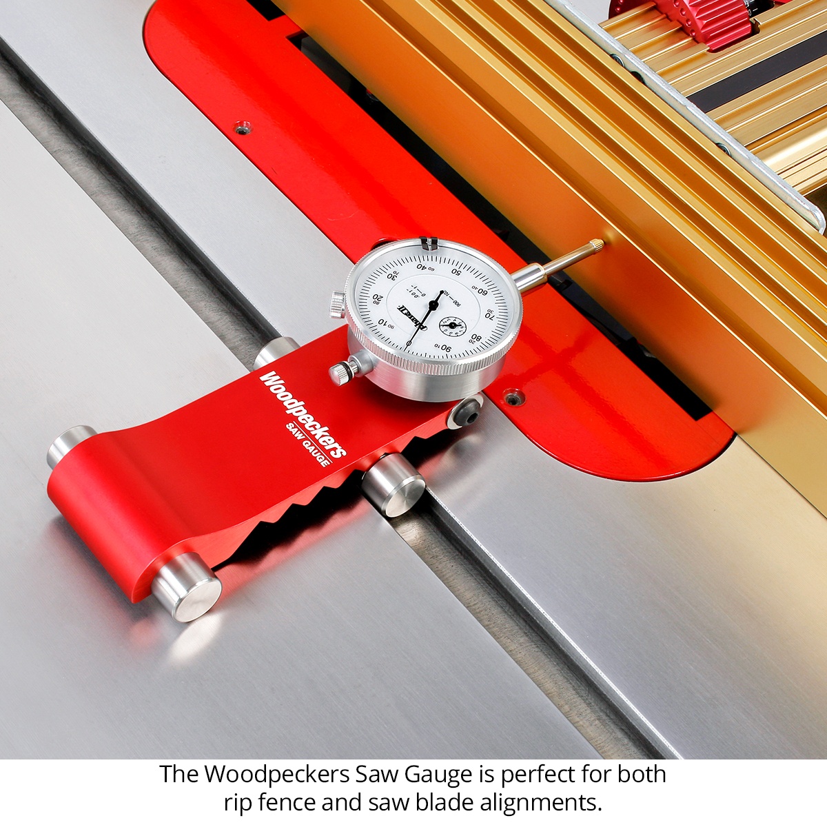 Woodpeckers SG-WP Saw Gauge aligning a table saw rip fence in a woodworking shop setup