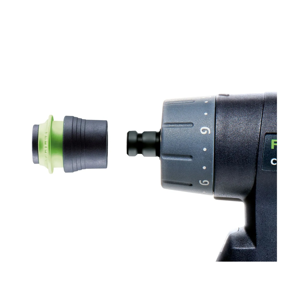 Festool 492135 Centrotec Chuck lining up with a compatible Festool drill FastFix interface for drilling and fastening setup changes in a workshop or jobsite setting