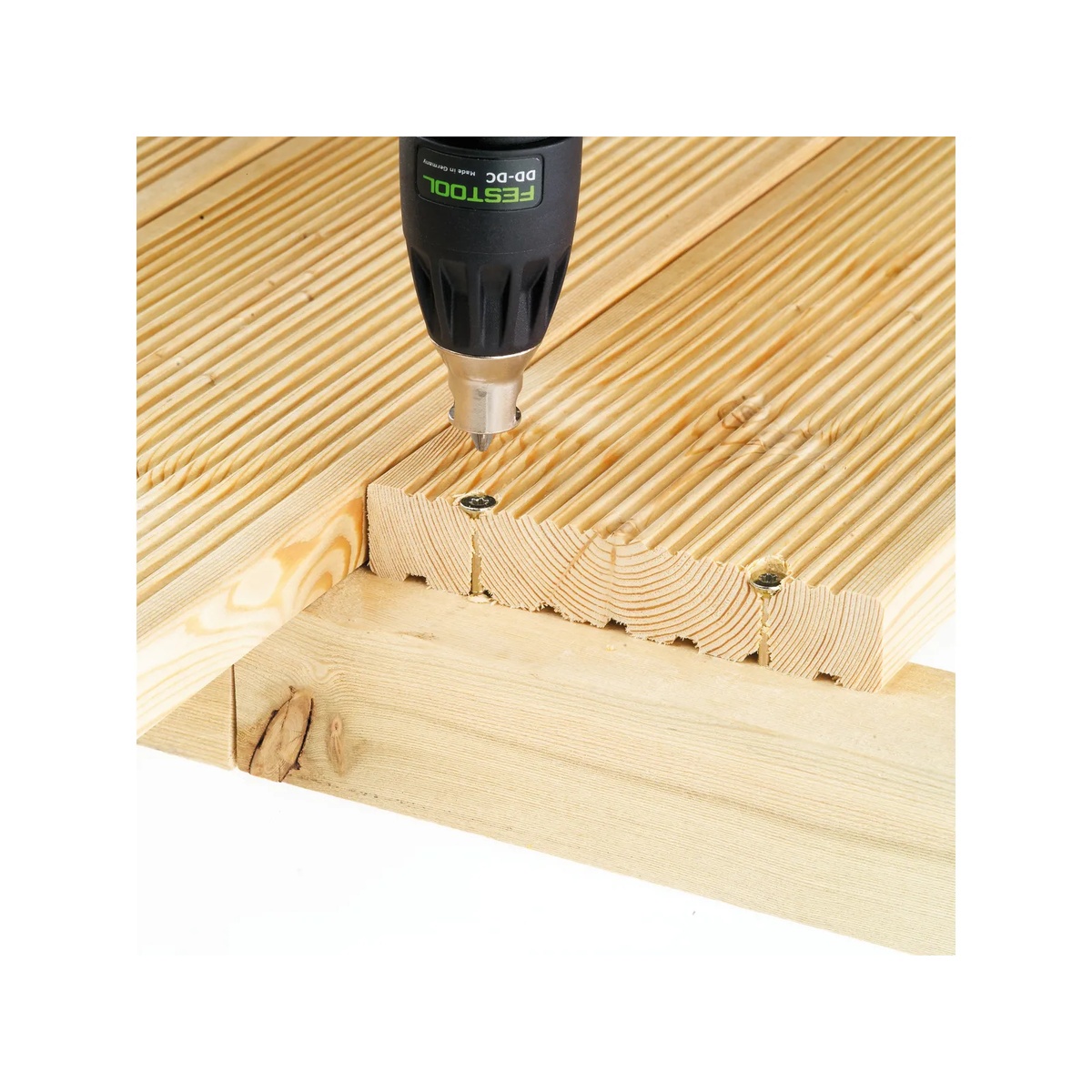 Festool 493539 FastFix Depth Stop Chuck driving screws into grooved deck boards for controlled flush fastening on an outdoor wood decking assembly