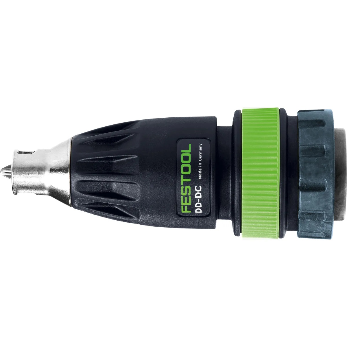 Festool 493539 FastFix Depth Stop Chuck product view showing the attachment body, narrow tip, and green quick-change ring on a clean background