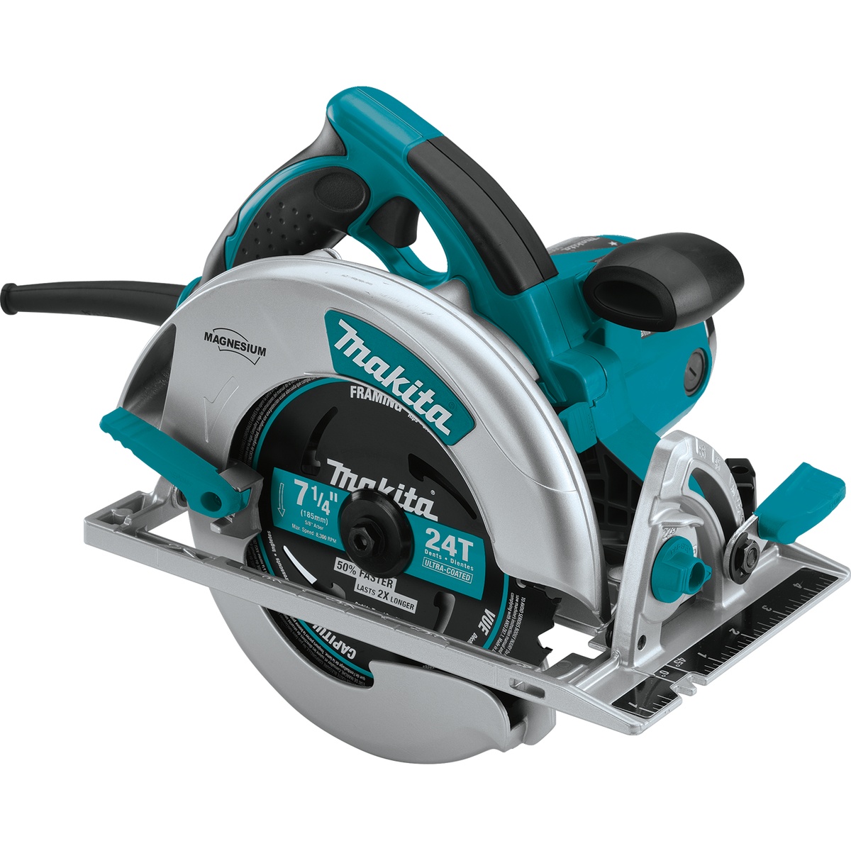 Makita 5007MGA Corded 7-1/4 inch Magnesium Circular Saw with Electric Brake shown as a clean product view with framing blade and rip fence installed for wood cutting on the jobsite