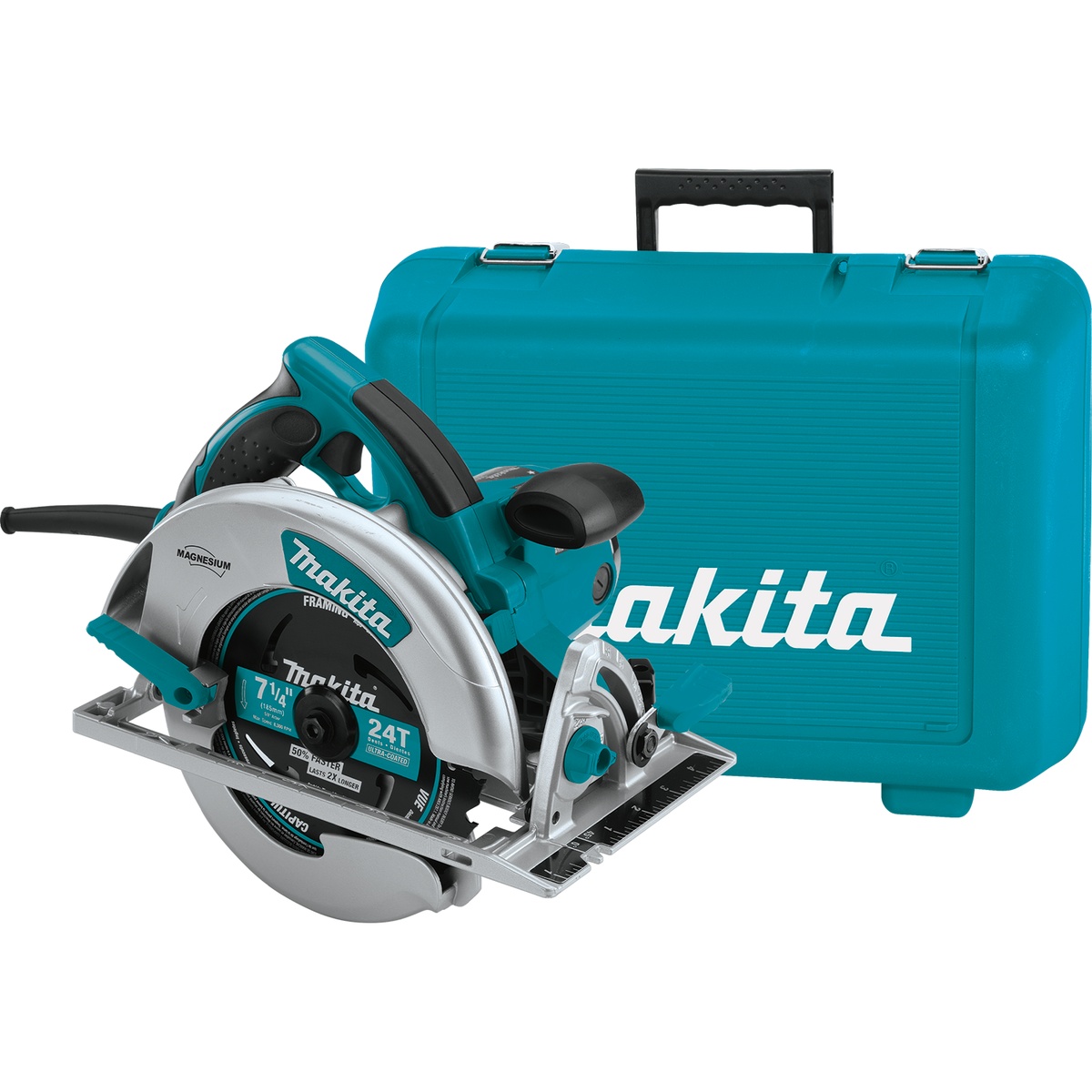 Makita 5007MGA Corded 7-1/4 inch Magnesium Circular Saw with Electric Brake and carrying case shown as a kit setup for transport, storage, and framing work